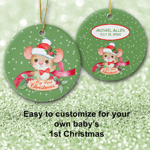 Adorable Santa Hat Mouse First Christmas Baby Ceramic Ornament