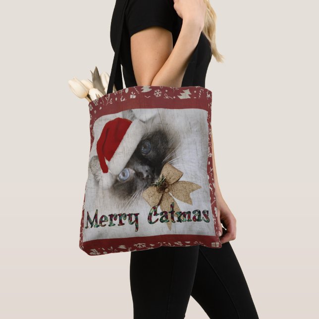 Adorable Santa Kitty all over design shopping bag (Close Up)