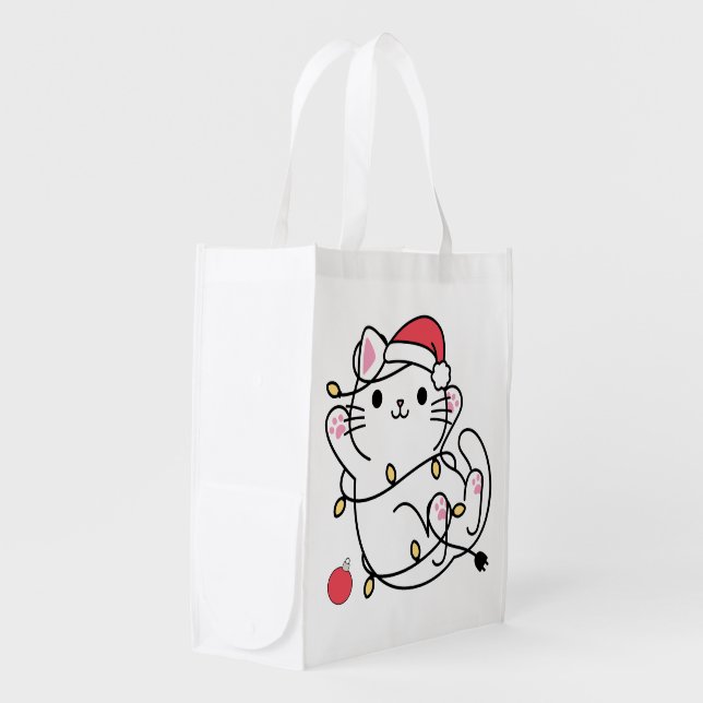 Adorable Santa Kitty Cat Christmas Grocery Bag (Front Side)