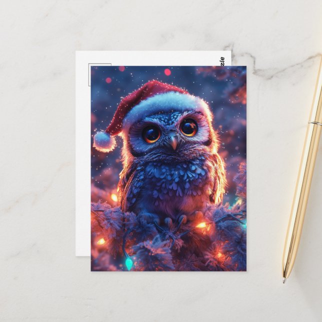 Adorable Santa Owl Postcard (Front/Back In Situ)