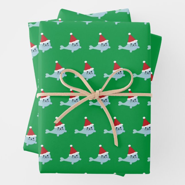 Adorable Santa Seal Wrapping Paper Sheets (In situ)