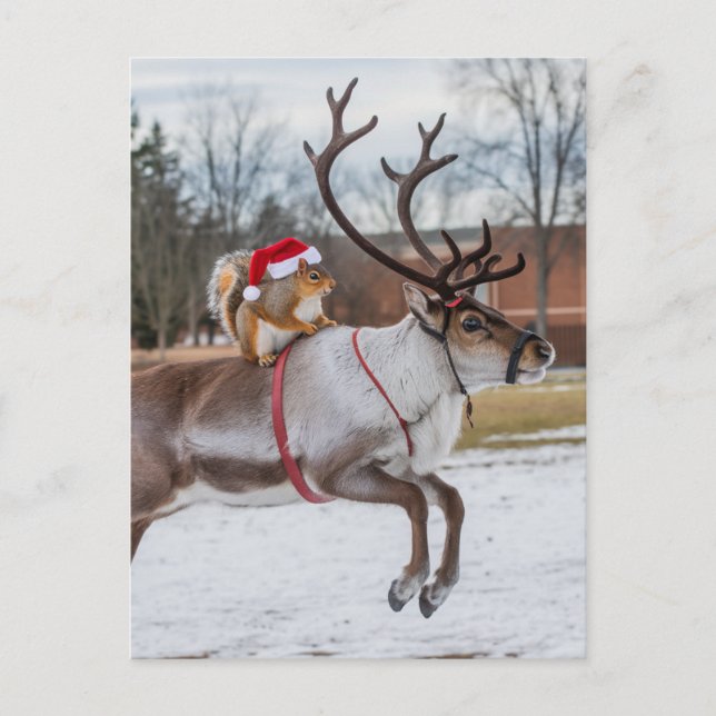 Adorable Santa Squirrel and Leaping Reindeer Postcard (Front)