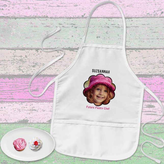 Adorable Scalloped Custom Photo Template Name Kids' Apron (Cute kids apron with a custom photo and text as a sweet gift idea. )