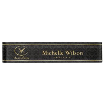 Adorable Scissors & Comb Logo Makeup Hair Salon Nameplate by BlackEyesDrawing at Zazzle