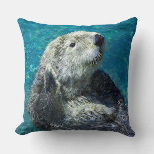 Adorable Sea Otter Cute Blue Water Throw Pillow