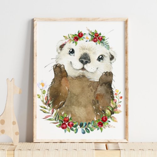 Adorable Sea Otter Nursery Floral  Wall Print 