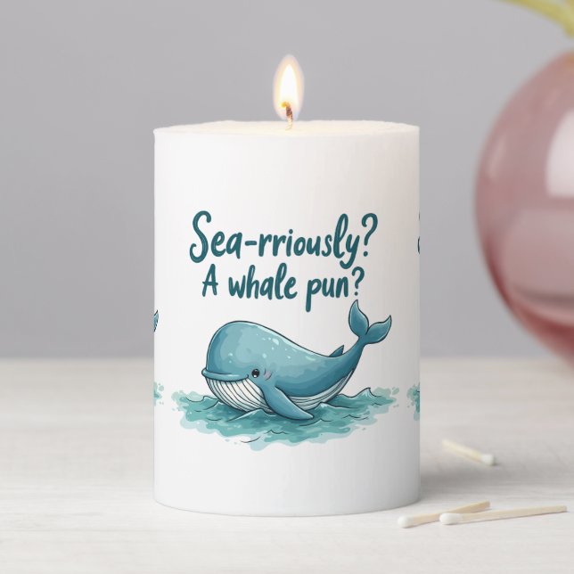 Adorable "Sea-rriously? A Whale Pun?" Ocean Design Pillar Candle (In Situ)