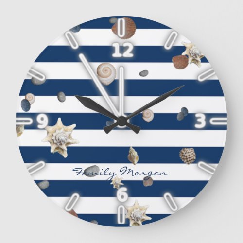 Adorable Seashells Navy Blue Stripes_Personalized Large Clock