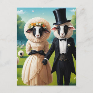Adorable Sheep Couple in Wedding Clothes Postcard