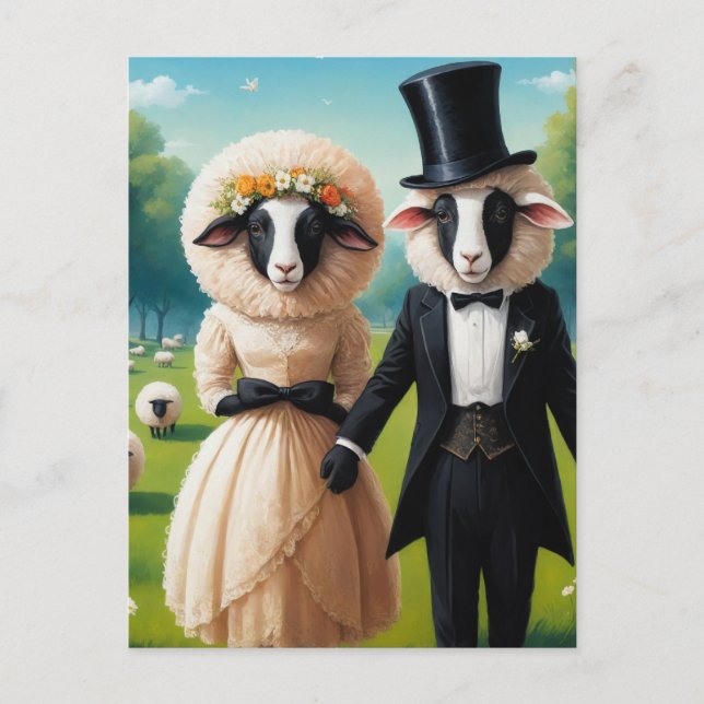 Adorable Sheep Couple in Wedding Clothes Postcard (Front)