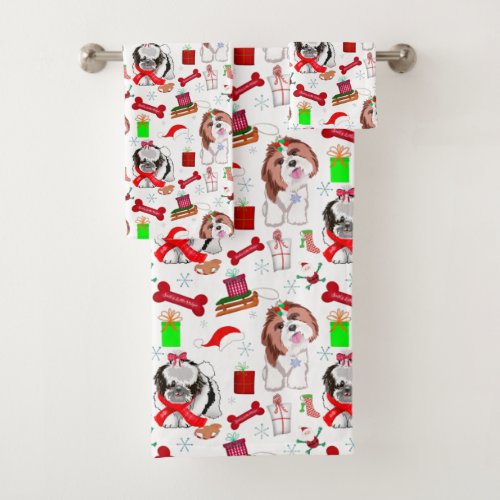 Adorable Shih Tzu Christmas Seamless Pattern Bath Towel Set