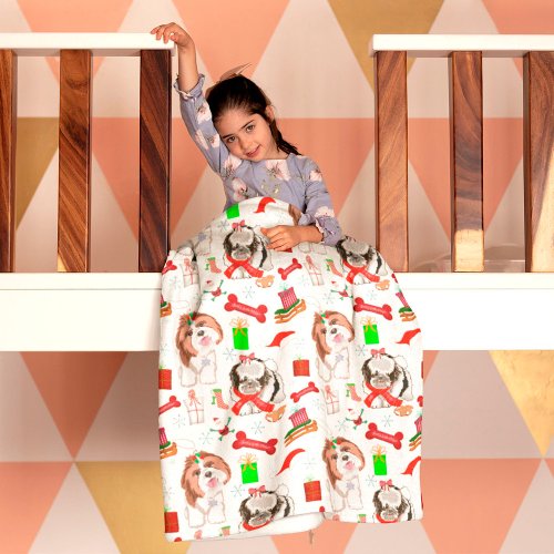Adorable Shih Tzu Christmas Seamless Pattern  Fleece Blanket