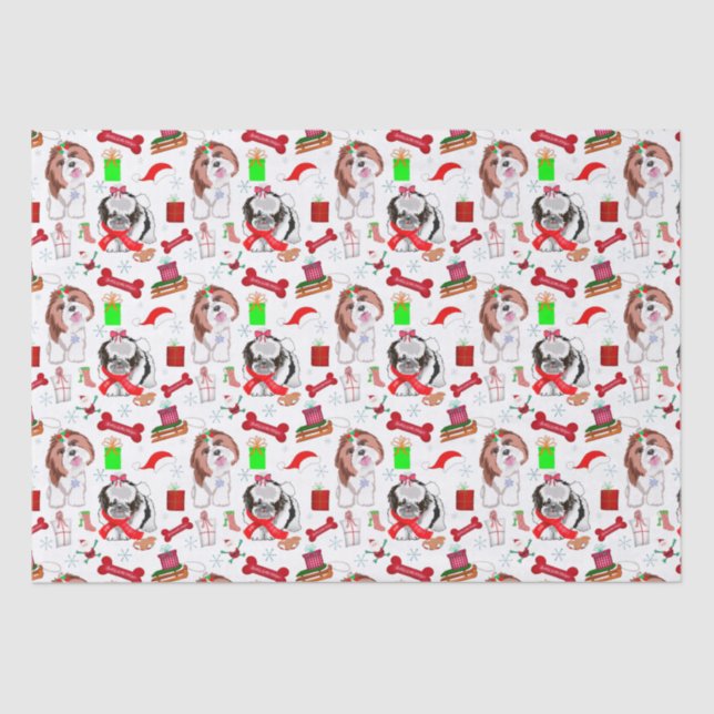 Adorable Shih Tzu Christmas Seamless Pattern   Tissue Paper (Front)