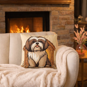Adorable Shih Tzu Dog House Cartoon Throw Pillow
