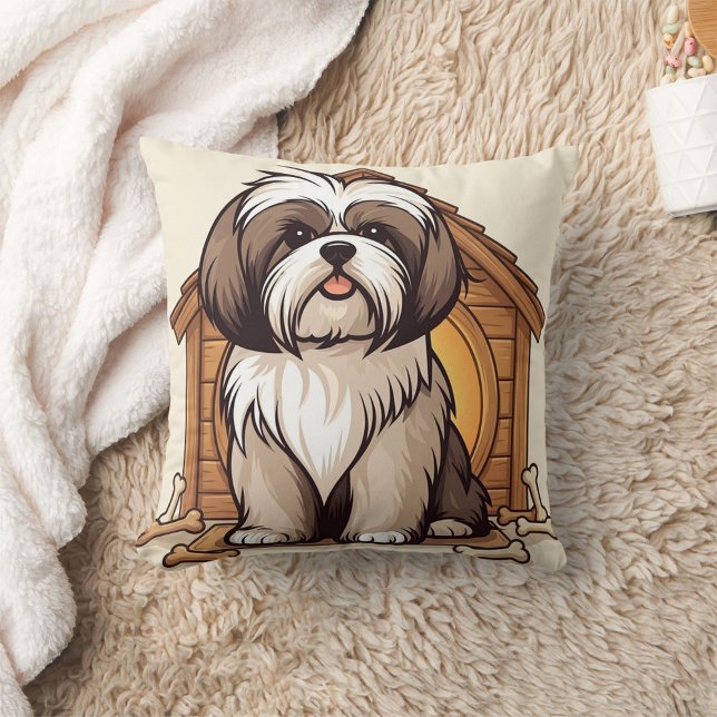 Adorable Shih Tzu Dog House Cartoon Throw Pillow (Creator Uploaded)