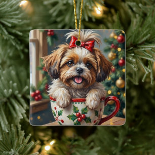Adorable Shih Tzu Dog in Christmas Mug Cozy Art Ceramic Ornament