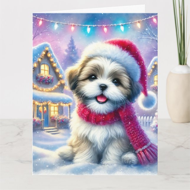 Adorable Shih Tzu Puppy in Christmas Village Card (Front)