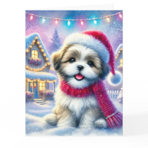 Adorable Shih Tzu Puppy in Christmas Village Card