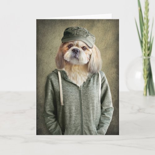 Adorable Shih Tzu Wearing a Cap and Hoodie Card