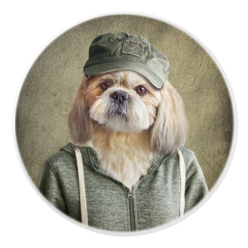 Adorable Shih Tzu Wearing a Cap and Hoodie Ceramic Knob