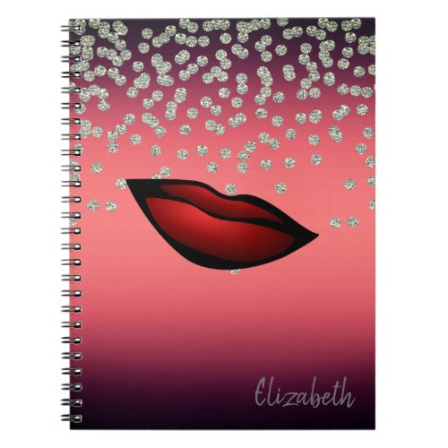 Adorable Shiny Foil  Confetty Diamond Red Lips Notebook