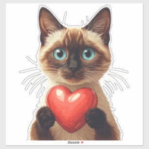 Adorable Siamese Cat Holding Red Heart Charm ❤️ Sticker