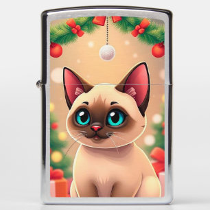 Adorable Siamese Cat with Christmas Decorations Zippo Lighter