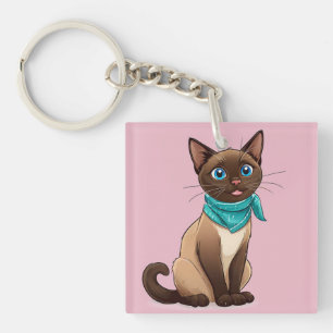 Adorable Siamese Cat With Turquoise Bandana Keychain