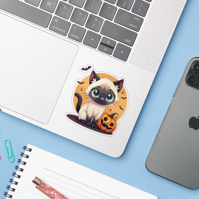 Adorable Siamese Kitten – Halloween Pastel Sticker (Laptop w/ iPhone)