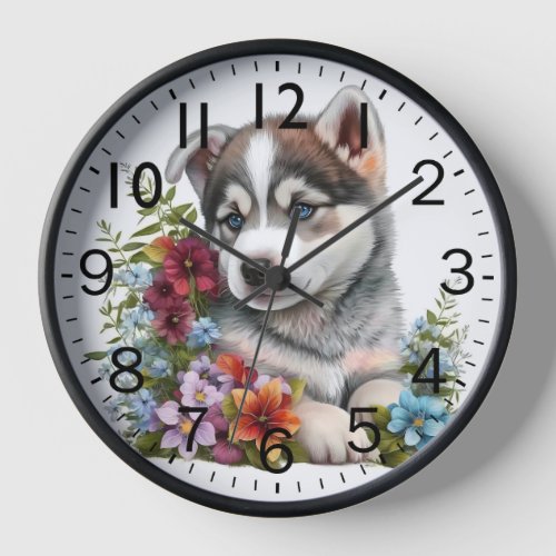 Adorable Siberian Husky Puppy Dog Clock