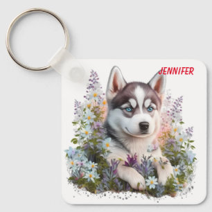 Adorable Siberian Husky Puppy Dog Keychain