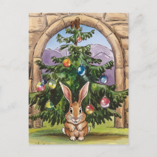 Adorable Silly Christmas Rabbit Under the Tree Postcard