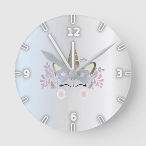 Adorable Silver Magical Floral Unicorn Round Clock