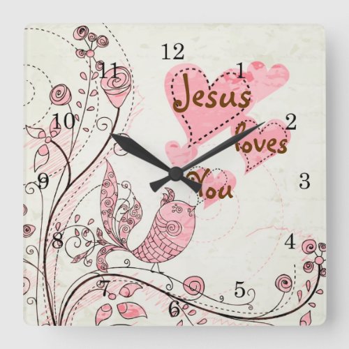Adorable Singing Bird Flowers and Hearts Custom Square Wall Clock