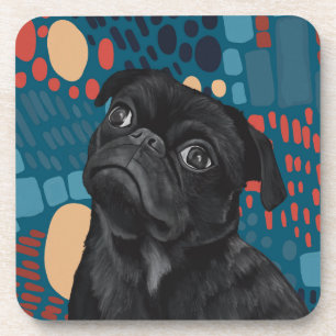 Adorable Sitting Black Pug Dog on Blue Abstract Beverage Coaster