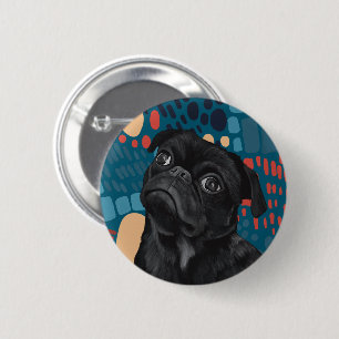Adorable Sitting Black Pug Dog on Blue Abstract Button