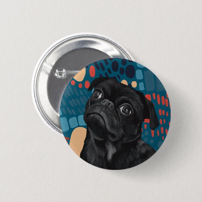 Adorable Sitting Black Pug Dog on Blue Abstract  Button (Front & Back)