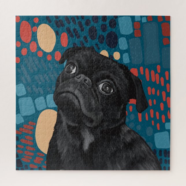 Adorable Sitting Black Pug Dog on Blue Abstract  Jigsaw Puzzle (Vertical)