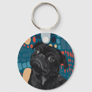 Adorable Sitting Black Pug Dog on Blue Abstract  Keychain