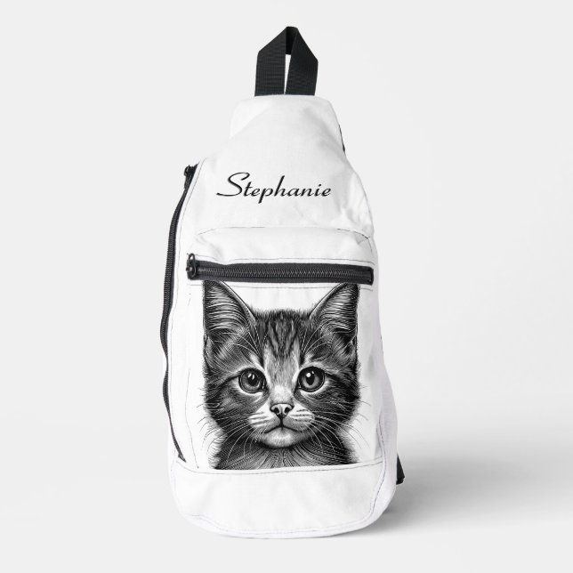 Adorable Sketch of Young Cat Custom Calligraphy Sling Bag (Front)