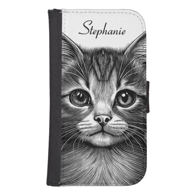 Adorable Sketch of Young Cat Custom Name Samsung Galaxy Wallet Case (Front)