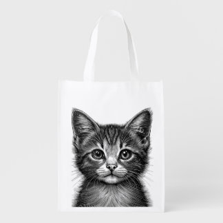Adorable Sketch of Young Cat   Grocery Bag