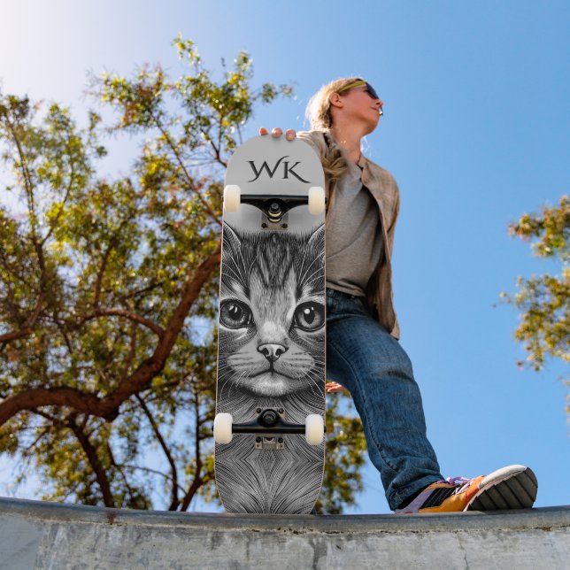 Adorable Sketch of Young Cat Monogram  Skateboard (Outdoor 1)