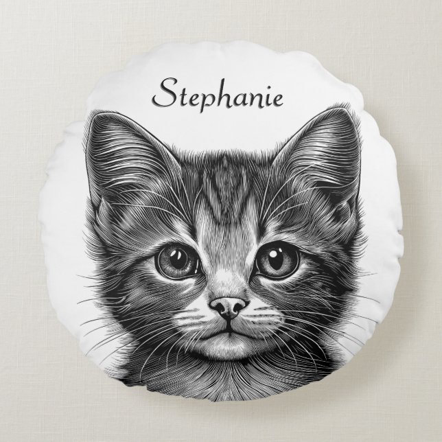 Adorable Sketch of Young Cat Personal  Round Pillow (Front)