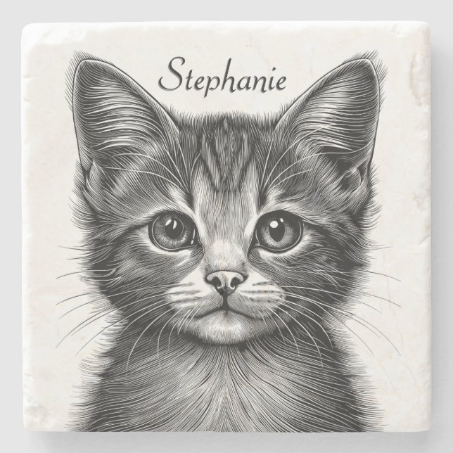Adorable Sketch of Young Cat   Stone Coaster (Front)