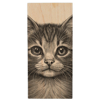Adorable Sketch of Young Cat Wood Flash Drive