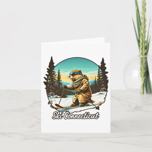 Adorable Skiing Beaver Illustration Connect With N Card (Front)