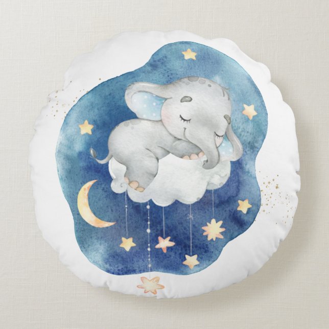 Adorable Sleeping Baby Elephant Stars Boy Nursery Round Pillow (Front)