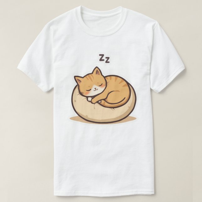 Adorable Sleeping Cat – Cute Cartoon Kitty on Cozy T-Shirt (Design Front)