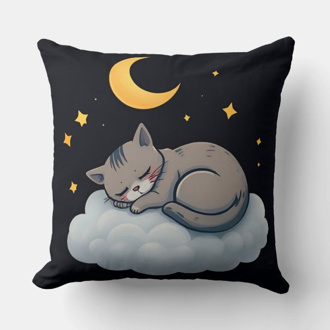 Adorable Sleeping Cat on a Cloud Throw Pillow (Front)